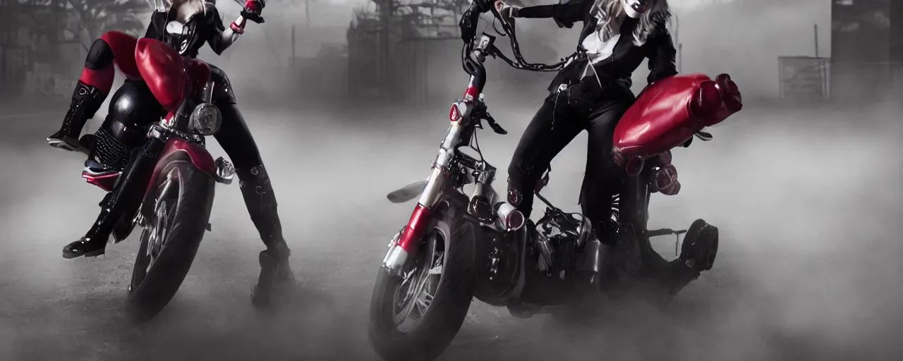 Image similar to real-life Harley Quinn riding a motorcycle holding a baseball bat, cinematic, Low angle, atmospheric fog and lighting, center frame, rule of thirds, trending on Artstation, Movie Still