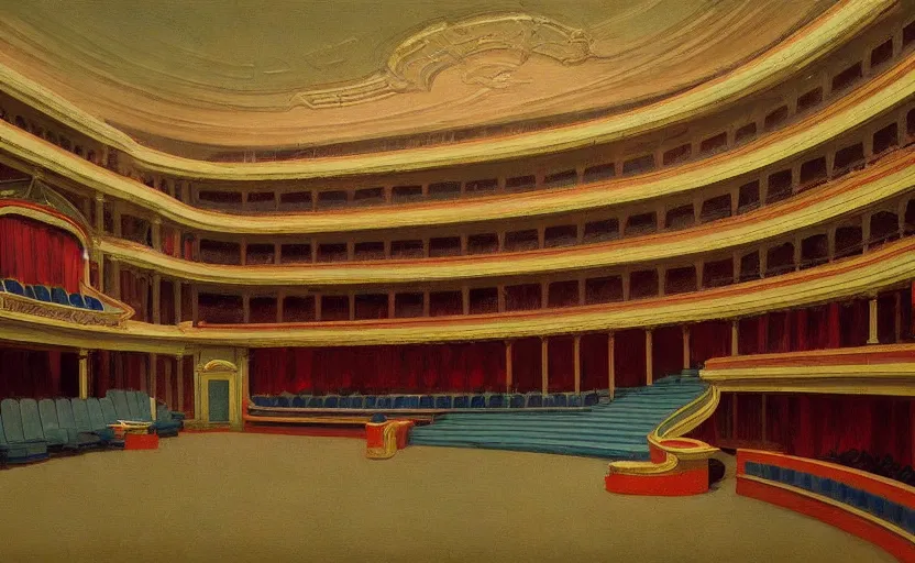 Image similar to Inside a Opera house, very coherent, painted by Edward Hopper, Wayne Barlowe, painted by James Gilleard, airbrush, art by JamesJean