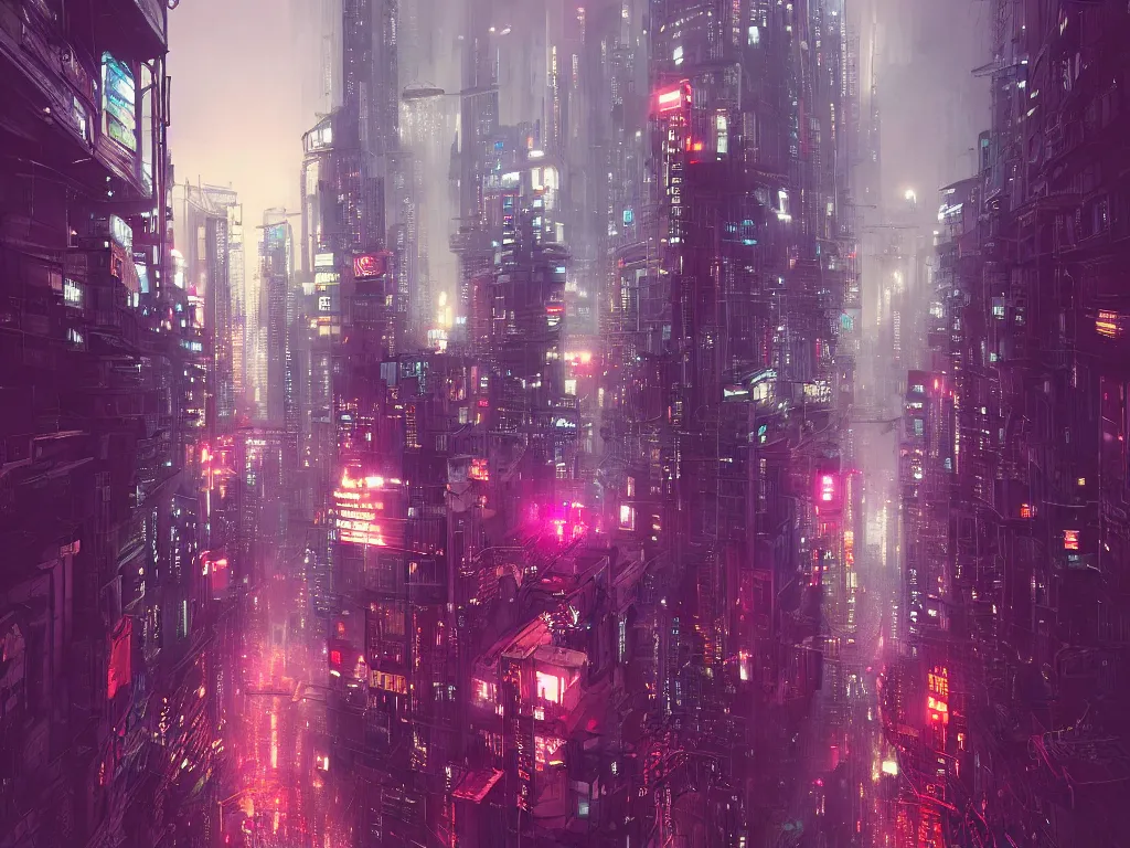 Prompt: a street in a mega city, large mega corp buildings dominate the skyline at dusk, cyberpunk art by liam wong, cgsociety, retrofuturism, futuristic, cityscape, dystopian art
