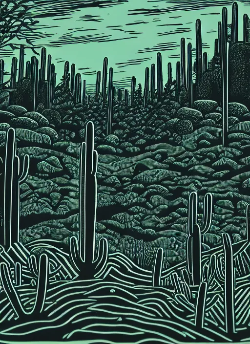 Prompt: art by linocut boy, a beautiful black ink linocut print of the cactus forest on mulberry paper, high hills, 8 k, frostbite 3 engine, cryengine, ground level shot, dof, trending on artstation, digital art, crepuscular ray