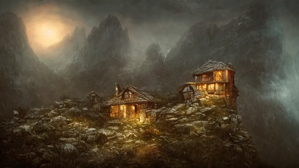 Prompt: A singular small rotting cottage on a mountaintop at night, horror painting, by Bastien LeCouffe-Deharme, hyperrealistic, Blender 8k UHD