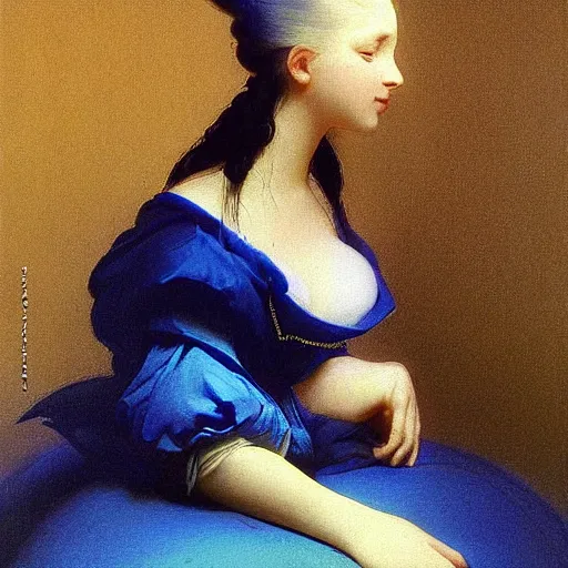 Image similar to young woman's face, her hair is white and she wears a cobalt blue duchesse satin cloak, by ivan aivazovsky and syd mead and moebius and roger dean and aelbert cuyp and willem claesz and pieter claesz and paul delaroche and alma tadema, hyperrealistic, volumetric light, octane