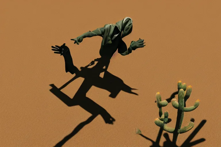 Image similar to a photo of a dystopian desert with loots of Cacti, sandy colours, sandy green, sandy, sandy beige, sobbing sad black silhouette of a person!, cantered, trending on DeviantArt, desolated, dark, 8k resolution, rendered in Zbrush