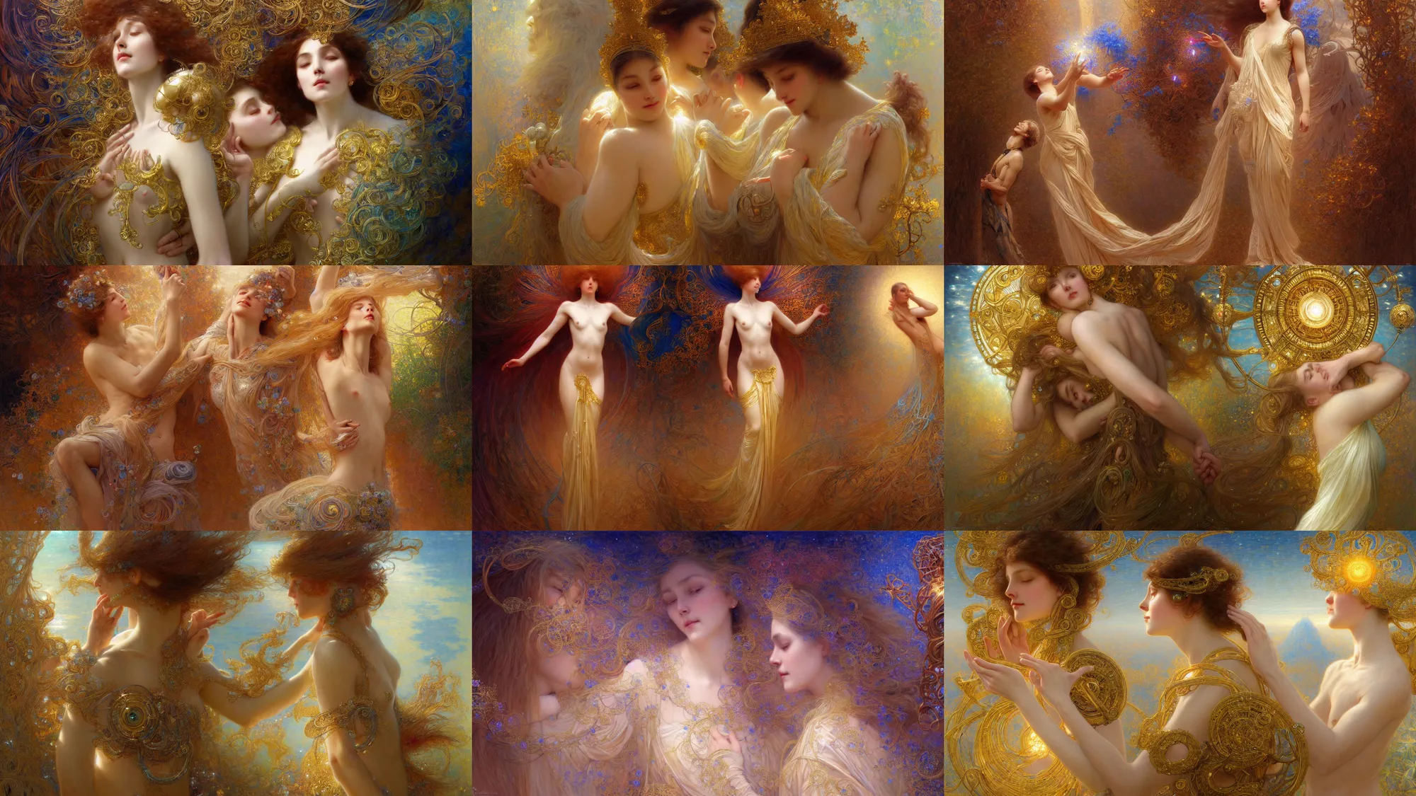 Prompt: intuitive artistic representation of the ultimate joy of ai and human mind reenacting the grand creation where the human is the ( creator ) and the ai is ( the creating ). intricate, elegant, highly detailed, digital painting, artstation, concept art, smooth, sharp focus, illustration, art by gaston bussiere and alphone mucha