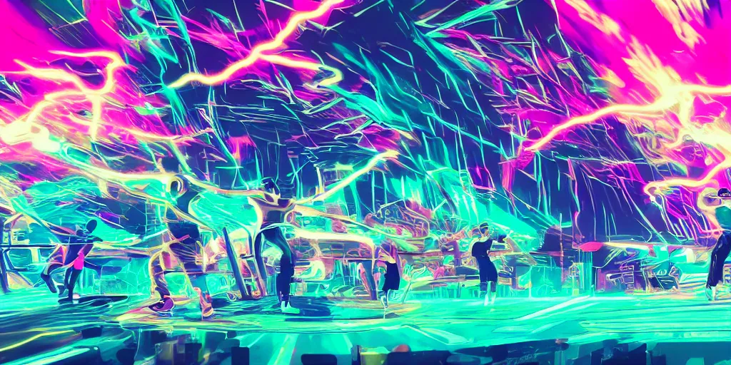 Image similar to Lightning storm rap battle, digital art, vapor wave, hip hop, psychedelic tron, trending on Artstation, professional artist, detailed, 4k