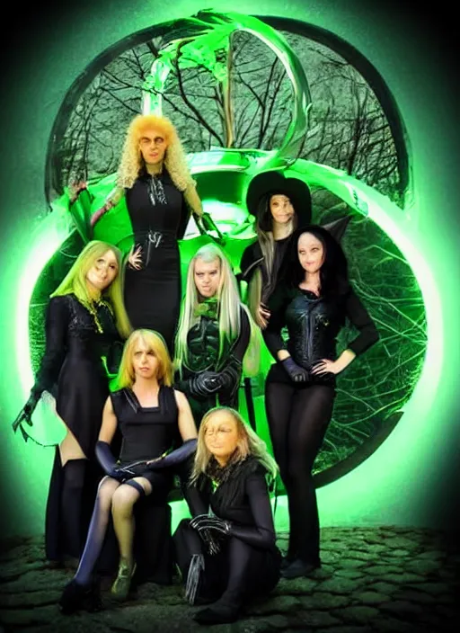 Image similar to futuristic coven of witches led by a beautiful woman with blonde hair who wields green magic