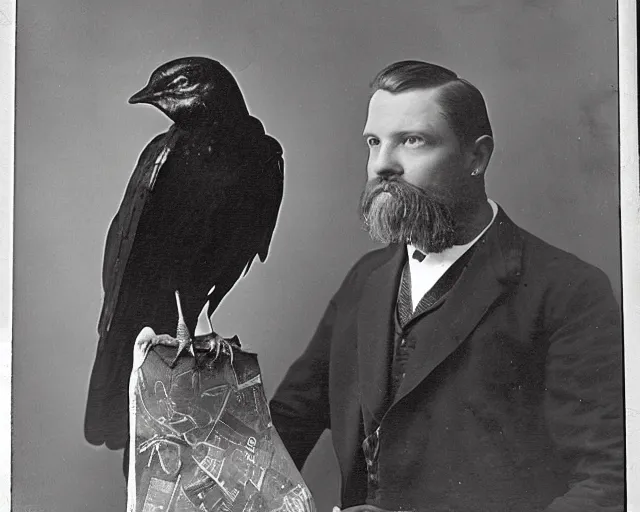 Image similar to early 1 9 0 0 s photo of a man in a suit next to a huge black taxidermied bird, black and white, newspaper clipping