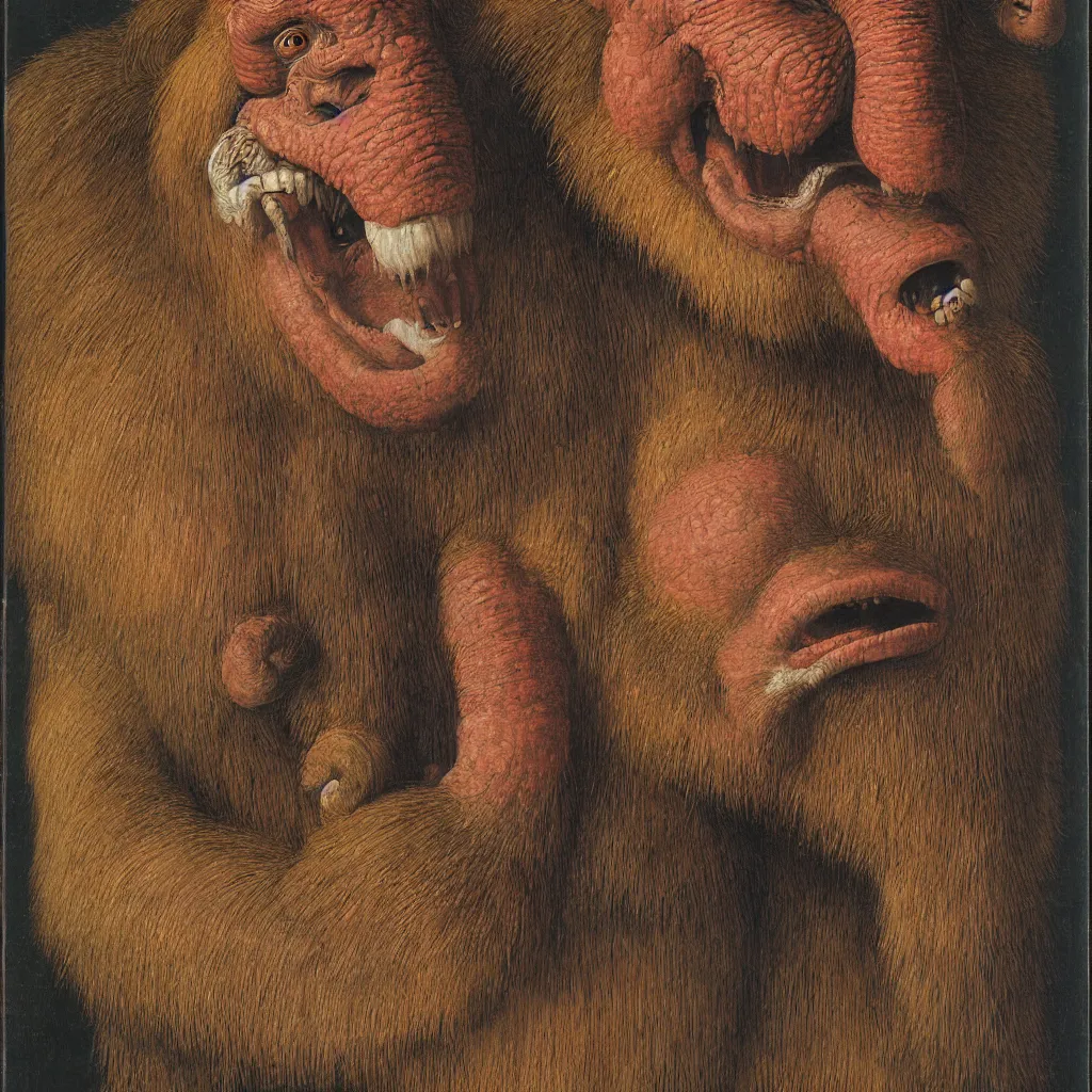 Prompt: close up portrait of a mutant monster creature with colorful mandrill - like nose, baldness, needles portruding through the cheeks, painted forehead, medusae beard. jan van eyck, walton ford