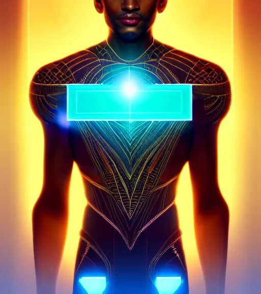 Image similar to symmetry!! egyptian prince of technology, solid cube of light, hard edges, product render retro - futuristic poster scifi, lasers and neon circuits, brown skin man egyptian prince, intricate, elegant, highly detailed, digital painting, artstation, concept art, smooth, sharp focus, illustration, dreamlike, art by artgerm