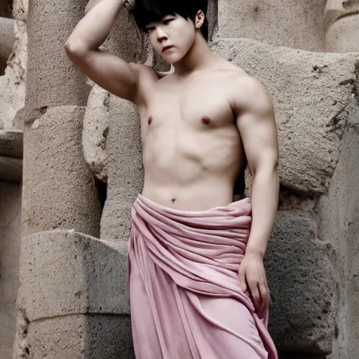 Image similar to wide angle full body portrait of Park Jimin of BTS as Antinous, dramatic photography, dramatic facial expression, tears, hand on his cheek, soft skin, soft blush, intricate, ethereal, highly detailed, high resolution, 8K resolution, sharp focus, Unreal engine 5, smooth, ectomorph, curvy body type, wearing a chiton, feminine facial features, greek pattern background, art by J. C. Leyendecker