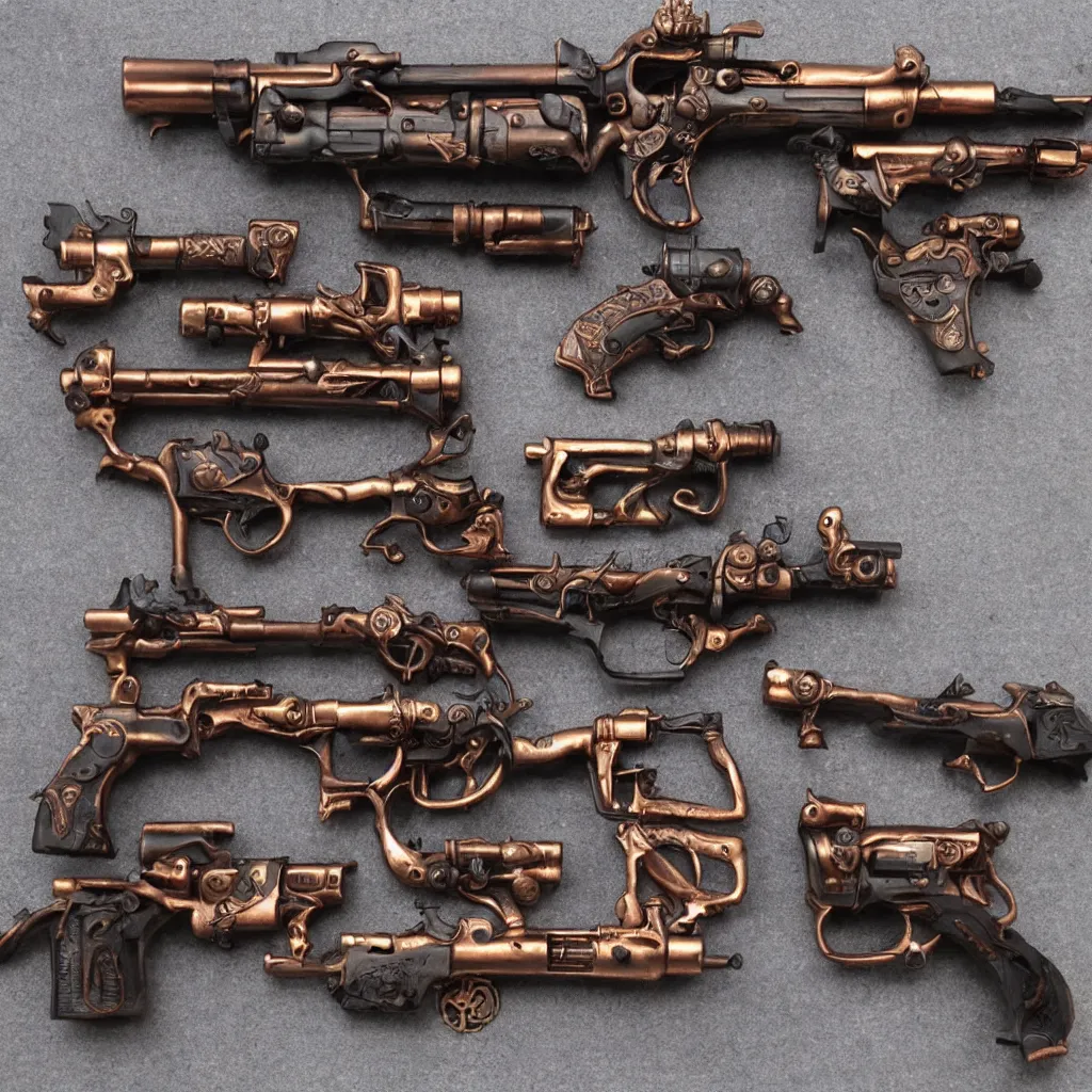 Prompt: guns very sexy, steampunk style, copper and iron, with a little glass, highly detailed, photorealistic