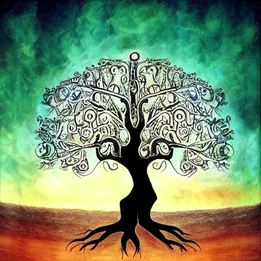 Prompt: tree of life, intricate roots, by tim burton, cosmic life, ethereal