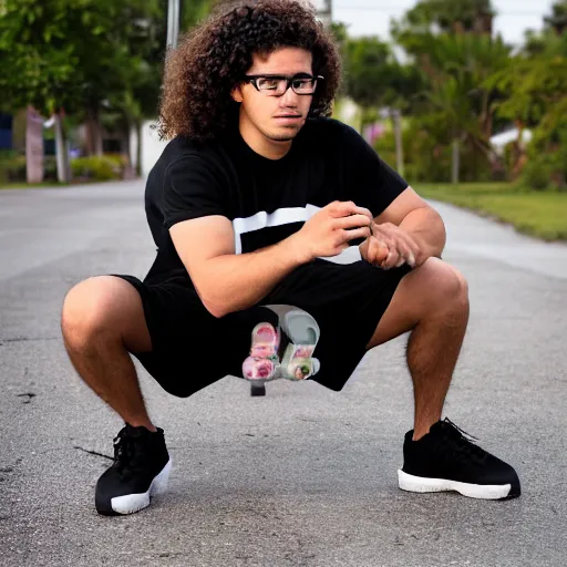 Prompt: 20 year old 1/4 black white mixed male with long brown puffy curly hair, square jaw, wearing black rimmed glasses, workout shorts, a t-shirt, and slides
