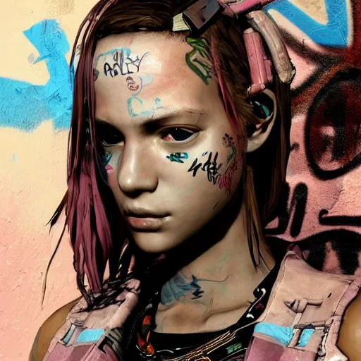 Prompt: highly detailed portrait of a post-cyberpunk south african young lady by Akihiko Yoshida, Greg Tocchini, 4k resolution, mad max inspired, pastel pink, light blue, brown, white and black color scheme with south african symbols and graffiti