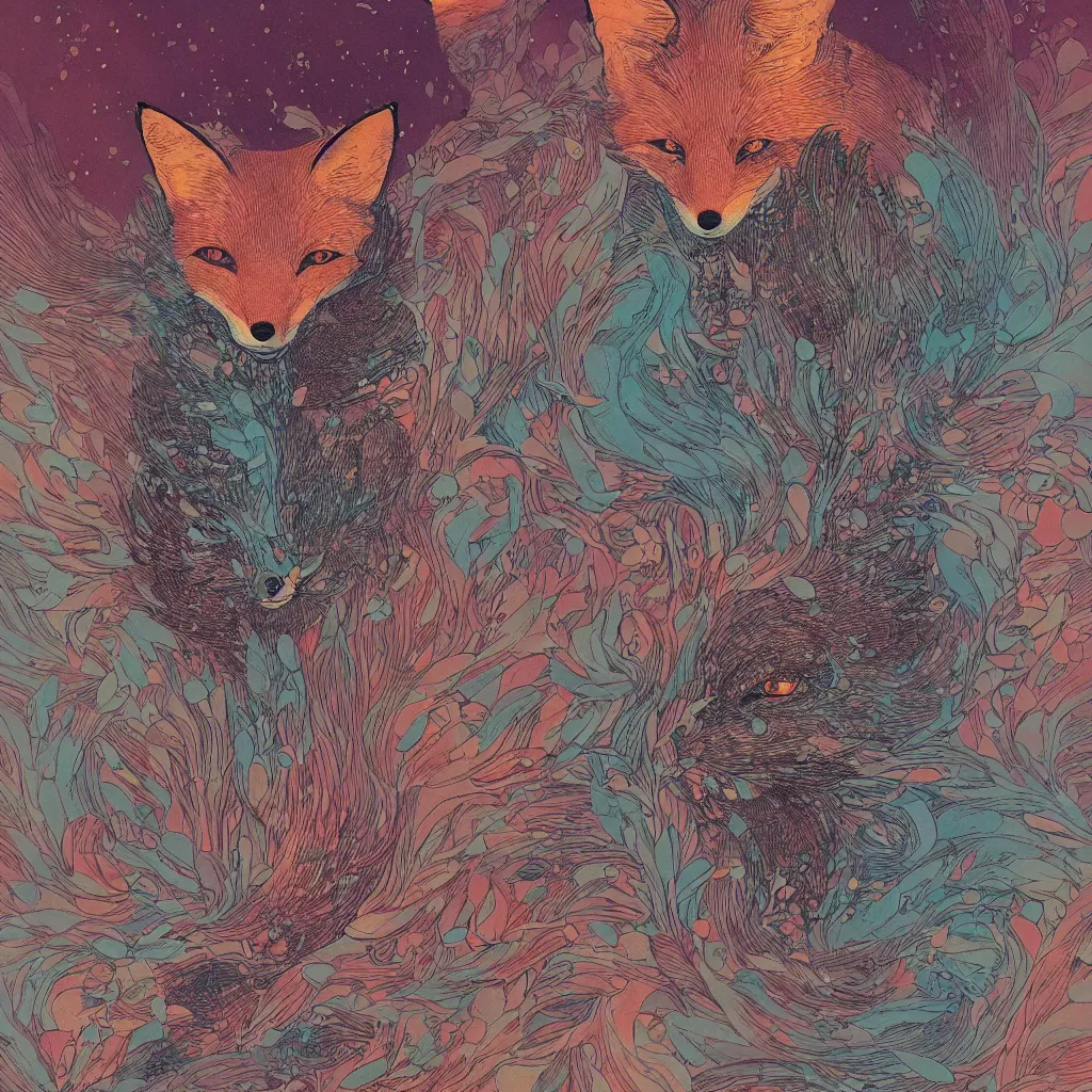 Prompt: one fox face by moebius and victo ngai