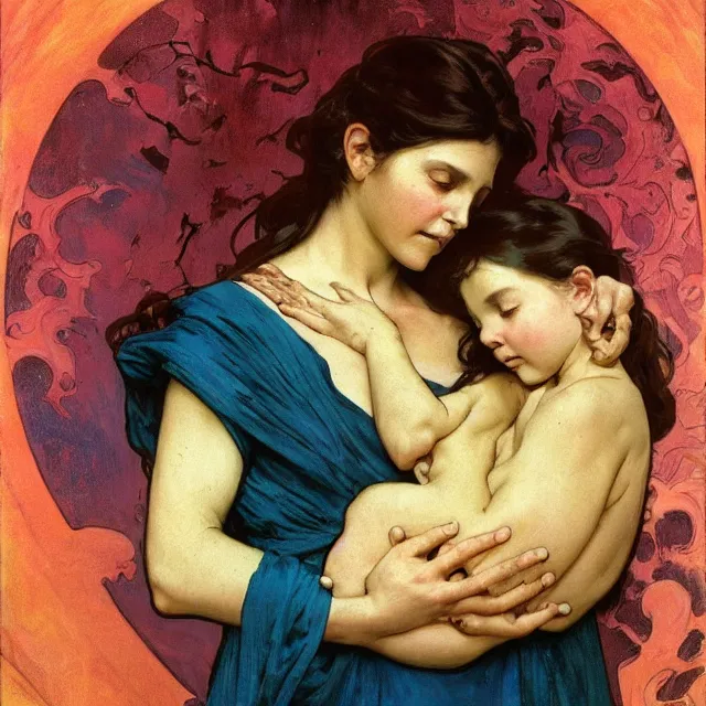 Image similar to an aesthetic portrait of a woman crying mournfully while cradling a swaddled child, by frank frazetta and alphonse mucha, oil on canvas, bright colors, art nouveau, epic composition, dungeons and dragons fantasy art, hd, god - rays, ray - tracing, crisp contour - lines, huhd - 8 k