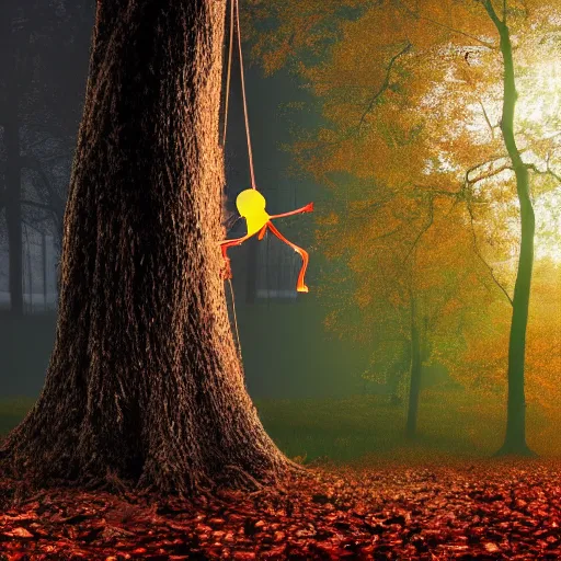 Image similar to stringed puppet hanging from tree, autumn, sunset, creepy atmosphere