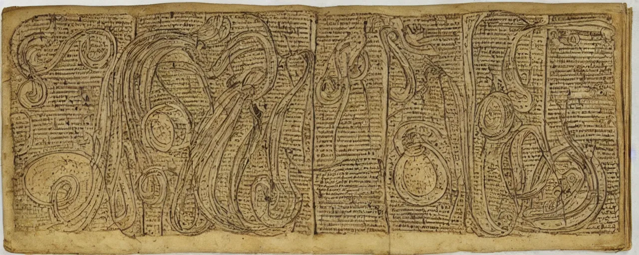 Prompt: ancient book with images of spaghetti, in the style of the voynich manuscript, fine detail,