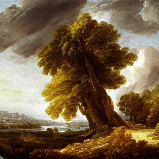 Image similar to landscape painting by nicholas pussin, thomas gainsborough, claude lorrain, dramatic, cinematic, picturesque, beautiful, grandiose, serene