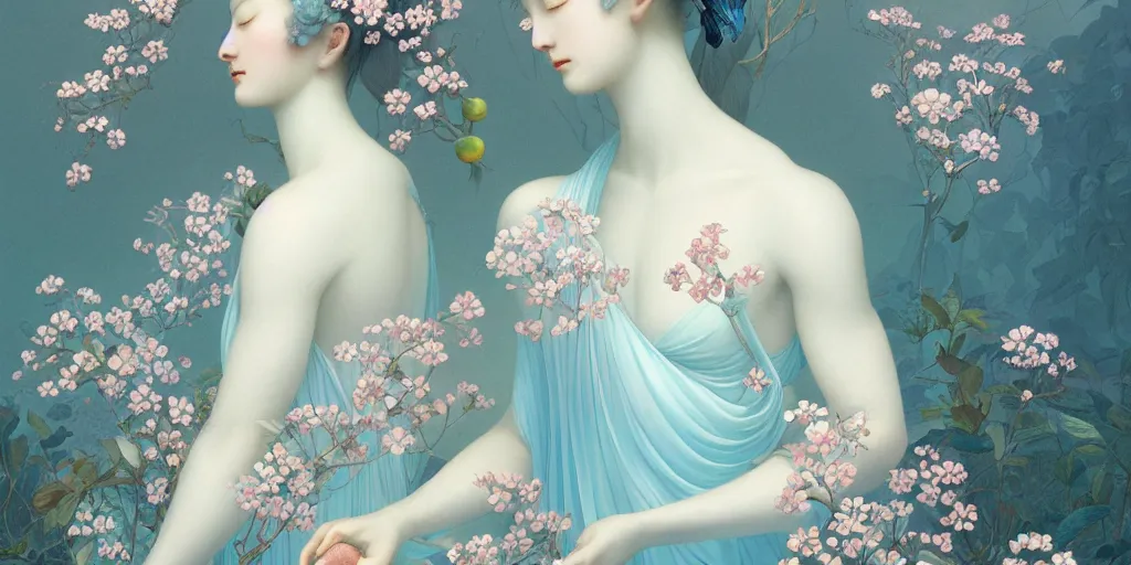 Image similar to breathtaking detailed concept art painting blend of two goddess of light blue flowers by hsiao ron cheng, vintage illustration pattern with bizarre compositions blend of flowers and fruits and birds by beto val and john james audubon, exquisite detail, extremely moody lighting, 8 k