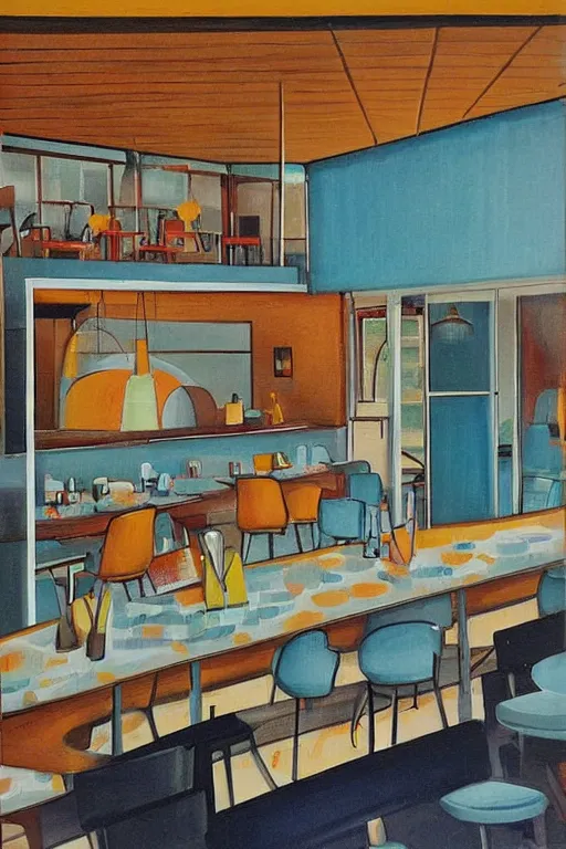 Prompt: mid century modern cafe by julia pinkham artist and bernard simunovic