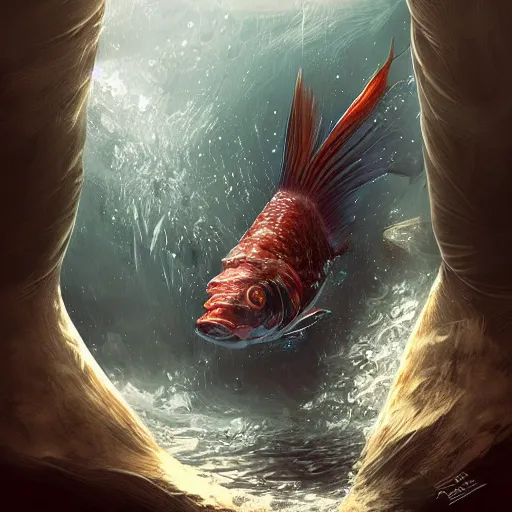 Prompt: A crazy looking fish swimming in Alcatraz, stunning digital art, high detail, in the style of artgerm, artstation, cgsociety, dramatic lighting, pixar