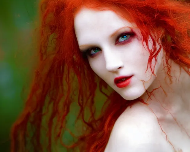 Prompt: award winning 5 5 mm close up face portrait photo of an anesthetic and beautiful redhead vampire lady who looks directly at the camera with blood - red wavy hair, intricate eyes that look like gems, and long fangs, in a park by luis royo. rule of thirds.