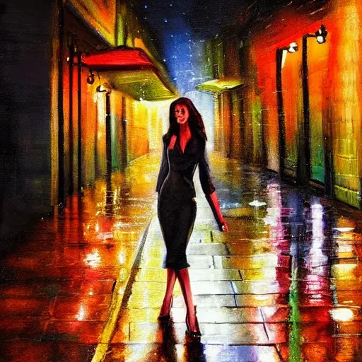 Prompt: wide angle painting of a beautiful woman in a drizzly night city street scene. beautiful use of light and shadow to create a sense of depth and movement. uses a limited color palette, providing a distinctive look.