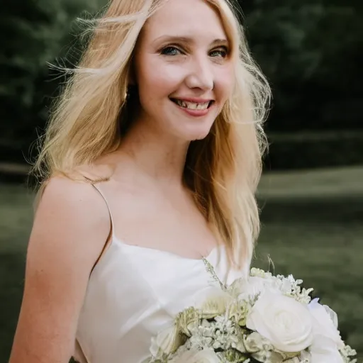 Image similar to a close up portrait of a women, mid-twenties, blonde hair, wearing a Vera Wang wedding dress, the most beautiful day of her life