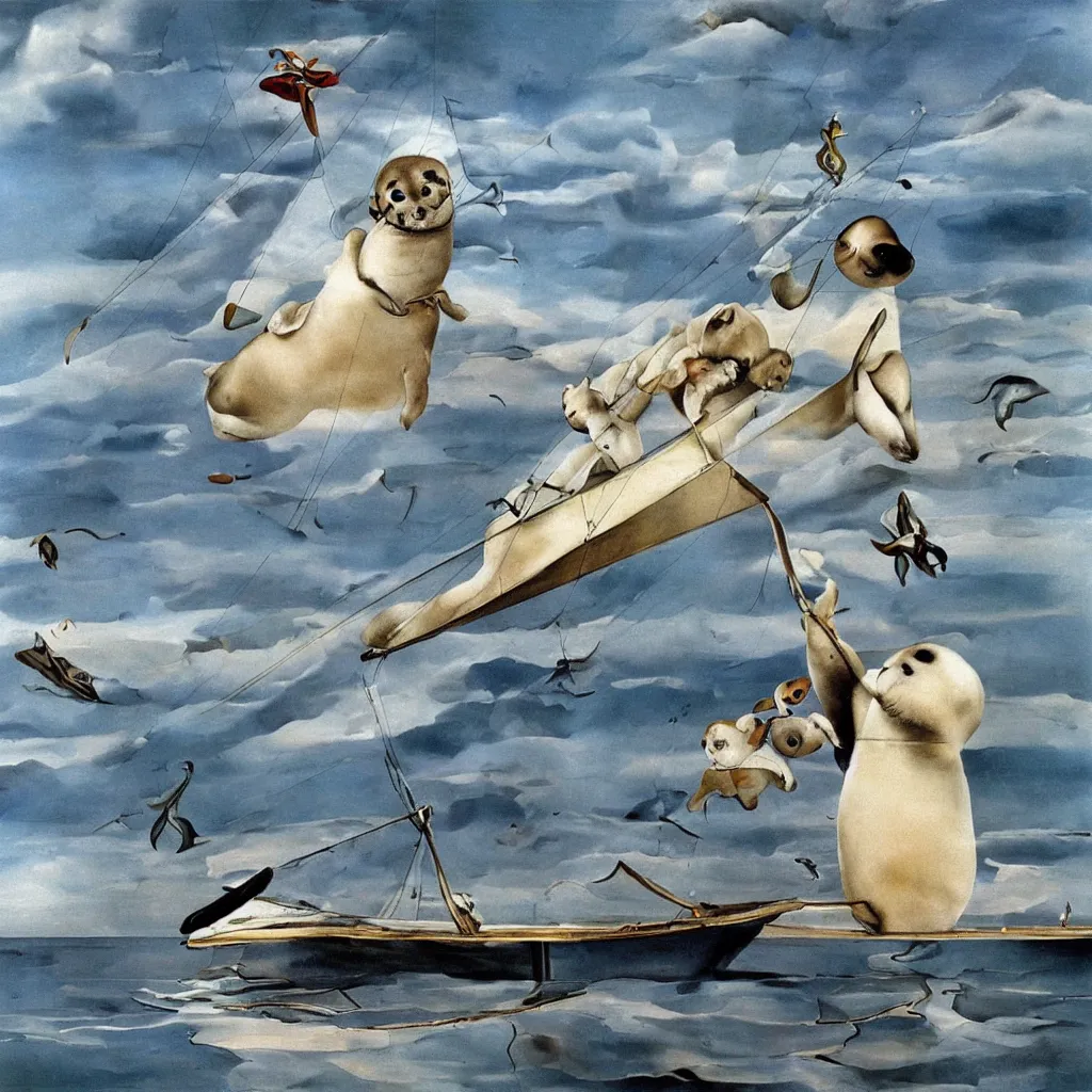 Image similar to baby harp seal sailing a trimaran, painting by salvador dali, surrealism