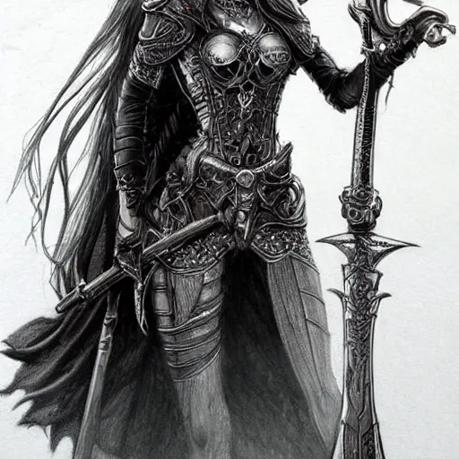 Image similar to a highly detailed drawing of a woman holding a sword, concept art by terese nielsen, by tony diterlizzi, trending on artstation, fantasy art, steampunk, behance hd, reimagined by industrial light and magic, sketchy