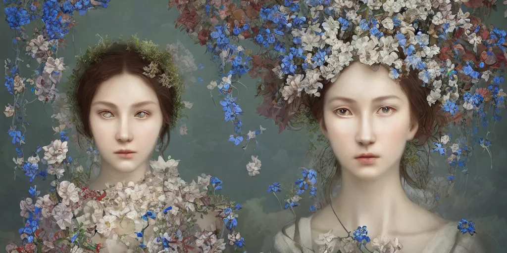 Image similar to breathtaking detailed concept art painting portrait of the goddess of nemophila flowers, orthodox saint, with anxious piercing eyes, ornate background, amalgamation of leaves and flowers, by hsiao - ron cheng, extremely moody lighting, 8 k