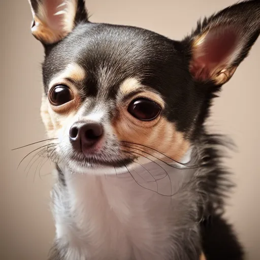 Prompt: studio photo of a chihuahua cat hybrid with feline face, 4k