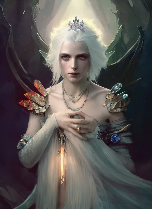Prompt: a beautiful white haired princess, adorned with precious stone jewelry, intricate concept art, ominous, sinister dark fantasy, misty, dramatic lighting, dark background, fairy lights, octane render, 8 k, ruan jia and tom bagshaw and alphonse mucha and marc simonetti