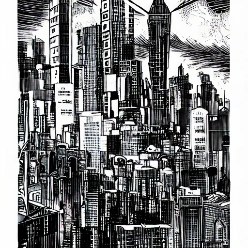 Image similar to ink illustration of gods looming over a cyberpunk city