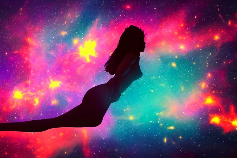 Prompt: silhouette of a girl laying horizontally but floating and exploding into incredible stars and nebula, digital art trending on artstation