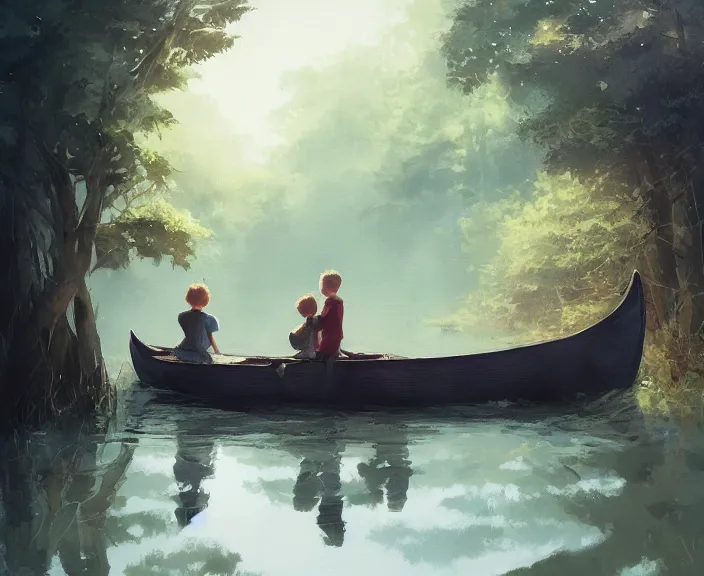 Prompt: a boy and a girl paid sitting together romantically on a long rowboat, girl is leaning on boy’s shoulder. Ripples, trees, shady, atmospheric lighting, details, sharp focus, illustration, by Jordan Grimmer and greg rutkowski, Trending artstation, pixiv, digital art