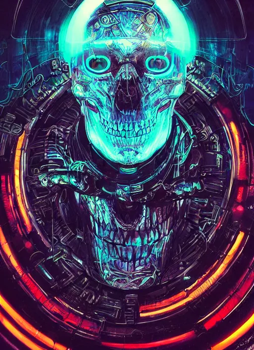 Image similar to a futuristic skull with glowing eyes and a wormhole tunnel cyberpunk art by android jones, featured on artstation, darksynth, synthwave