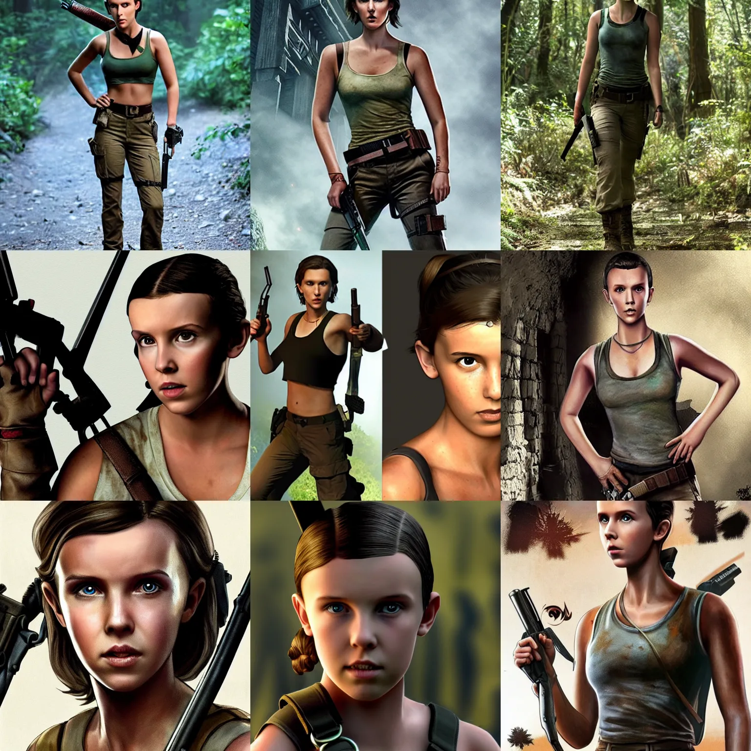 Prompt: Eleven/Millie Bobbie Brown as Lara Croft from Tomb Raider