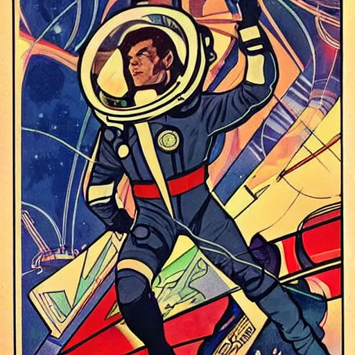 Prompt: a man resembling sebastian stan, floating in space. he is an astronaut, wearing a space suit. well composed, clean elegant painting, beautiful detailed face. comic book art by steve ditko and jack kirby and ( alphonse mucha )
