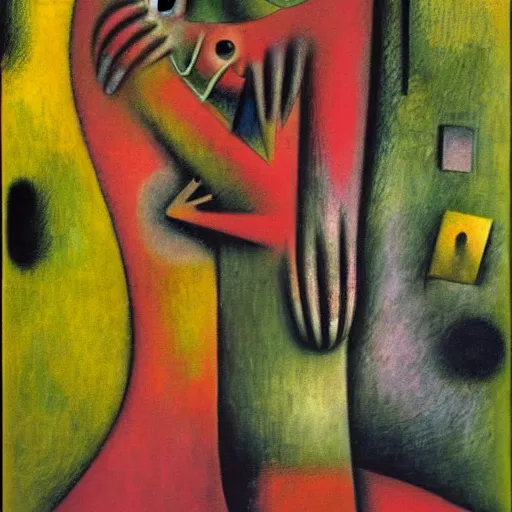 Image similar to Oil painting by Roberto Matta. Strange mechanical beings kissing. Close-up portrait by Lisa Yuskavage. Paul Klee.