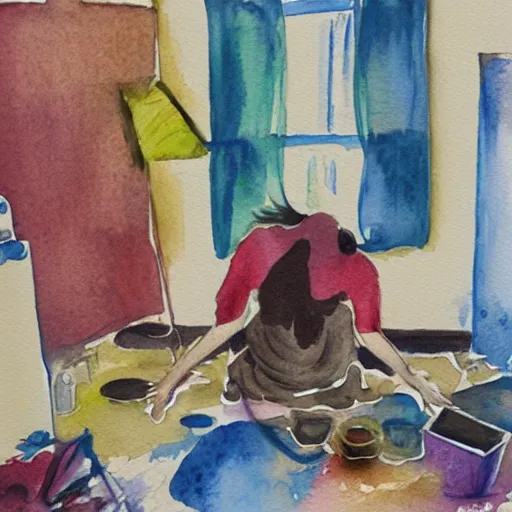 Prompt: woman adhd - ip messy house. watercolour