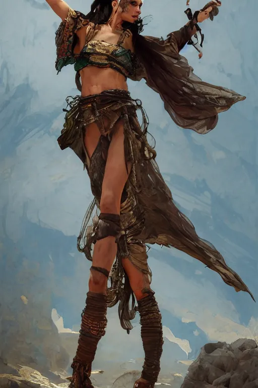 Image similar to a full body portrait of a beautiful post apocalyptic offworld desert bedouin thief savage rogue in beggars clothes in ballet pose by the emerald oasis pools, intricate, elegant, highly detailed, digital painting, artstation, concept art, smooth, sharp focus, illustration, art by krenz cushart and artem demura and alphonse mucha