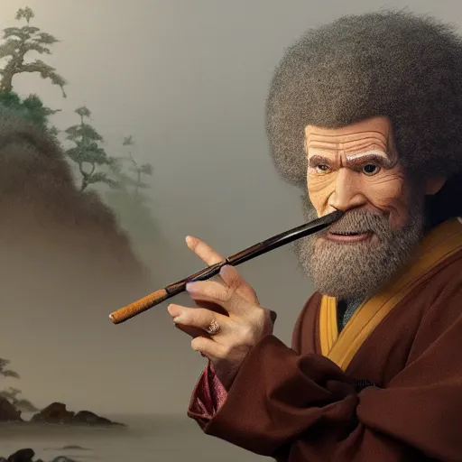 Image similar to an ultra detailed matte painting of bob ross smoking a pipe and dressed as a wandering samurai, edo japan, concept art by jeong seon and greg rutkowski, octane render, 8 k, detailed face