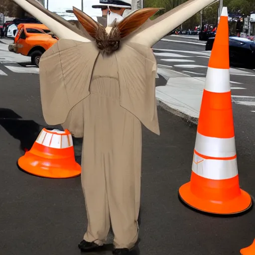 Prompt: ripped physique winged man Norm MacDonald disguised as a mothra whilst wearing a traffic cone hat tradd moore