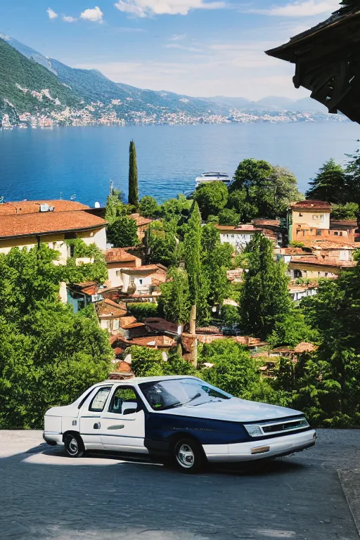 Prompt: Photo of a white 1997 Ford AU Falcon parked on a dock with Lake Como in the background, wide shot, daylight, blue sky, summer, dramatic lighting, award winning, highly detailed, 1980s, luxury lifestyle, fine art print, best selling.