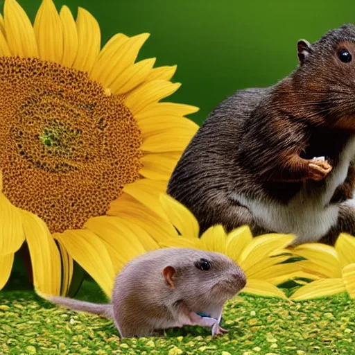 Prompt: a black gerbil eating a huge sunflower seed while a brown gerbil watches angrily, pixar animation