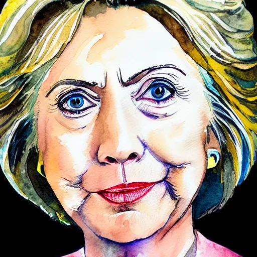 Prompt: watercolor portrait of hillary clinton's face, detailed and frantic, painted during a schizophrenic episode