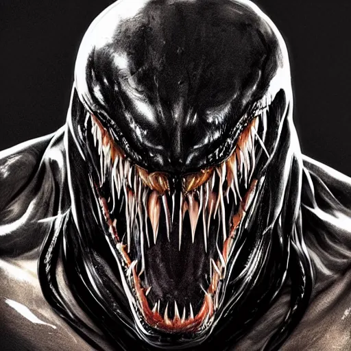 Prompt: Venom portrait by Marcus Whinney Artstation, highly detailed, photorealism, concept art, rpg portrait, cinematic lighting, high contrast, depth of field, futuristic art, golden ratio, rule of thirds, surrealism Unreal engine 5