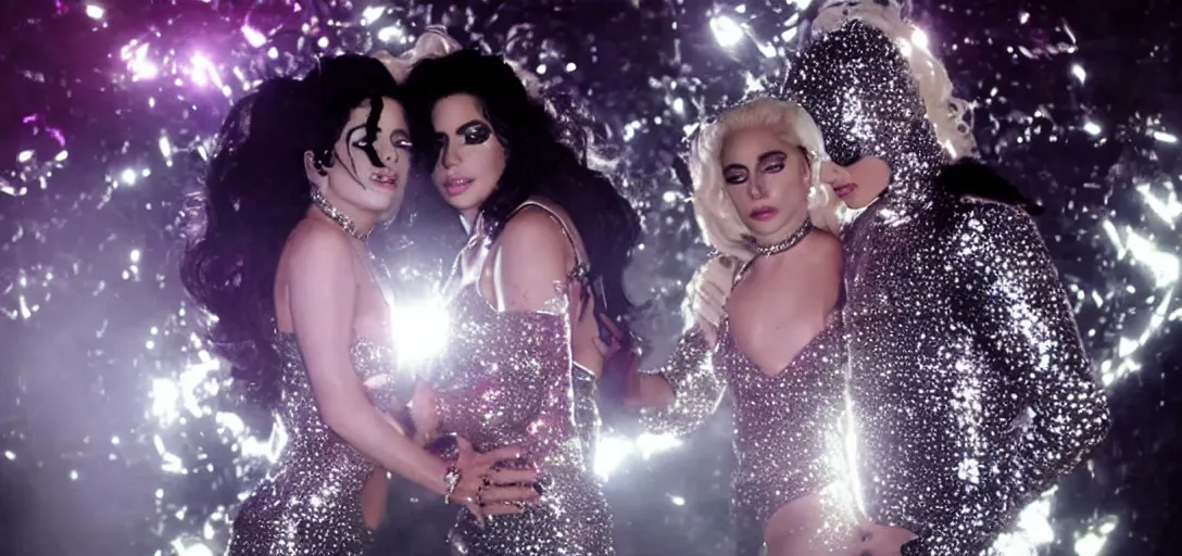 Prompt: Michael Jackson and Lady Gaga in a futuristic sparkly electric music video, 4K Vevo 2012